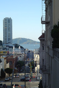 a view north into the bay from nob hill down mason street