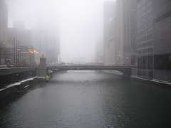 the lyric opera bridge in a deep fog